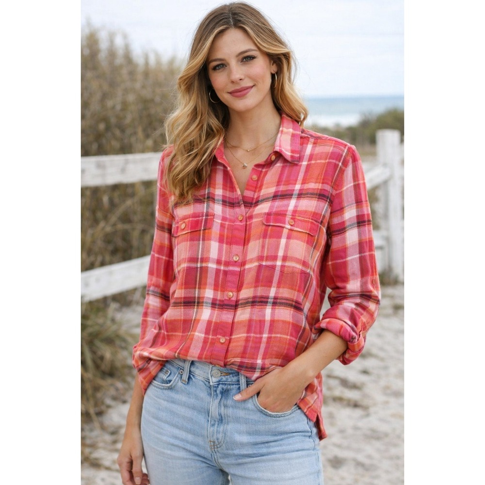 Jones New York Sport Shirt L 100% Linen Plaid Madras Button Front Preppy